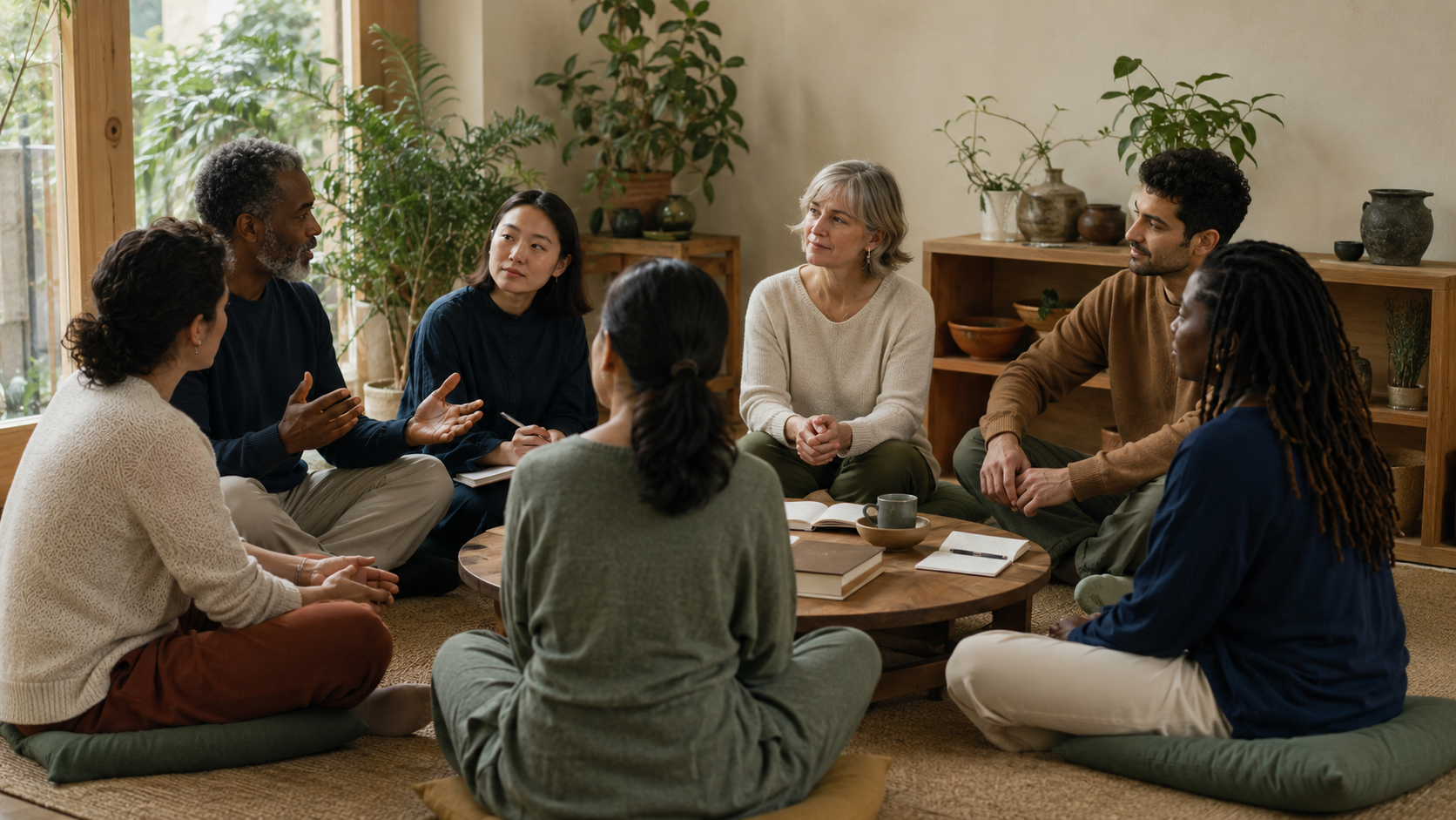 A facilitator listens as a diverse group shares ideas around a table, illustrating how leadership teaches through attention, inclusion, and respect.