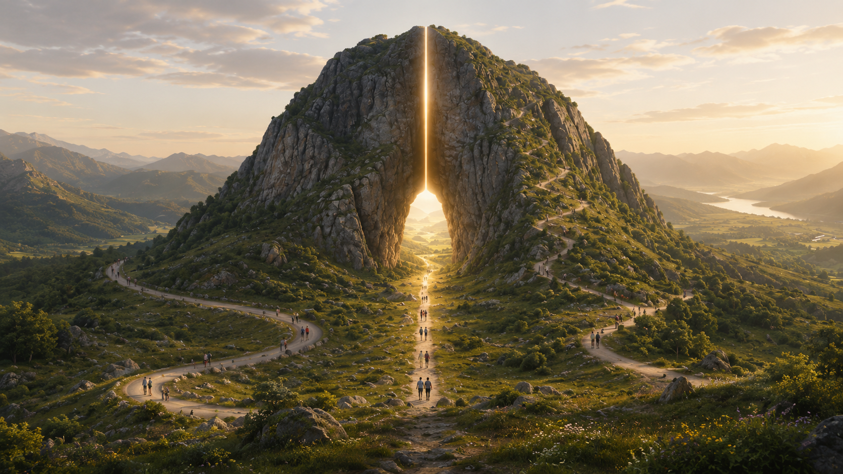 People follow winding paths around a green mountain while others take a direct golden path through its center, symbolizing ACIM’s approach to fear and resistance.