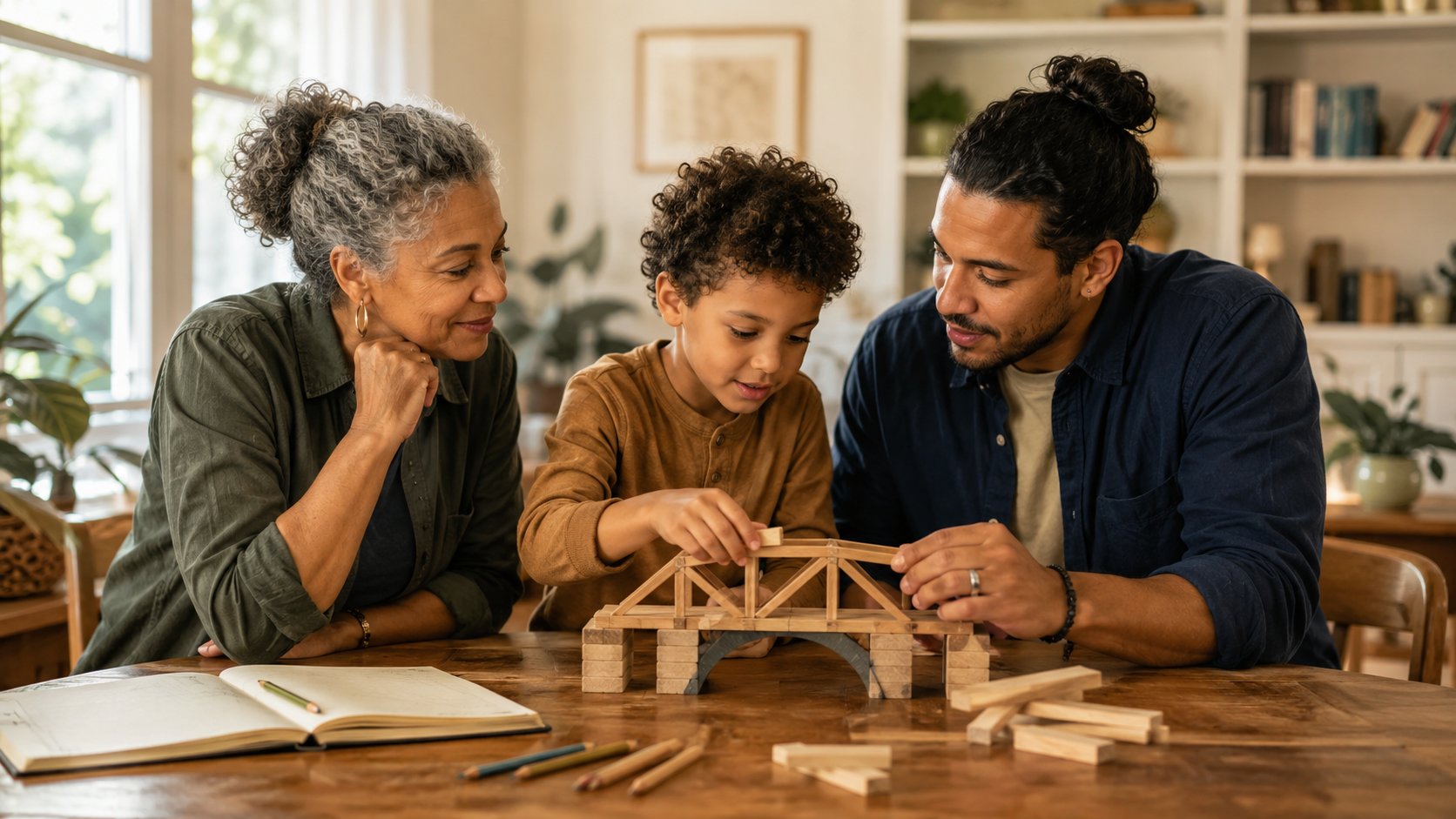 Three generations work together to build a small wooden bridge, symbolizing how adults pass awareness, guidance, resilience, and loving values to children.
