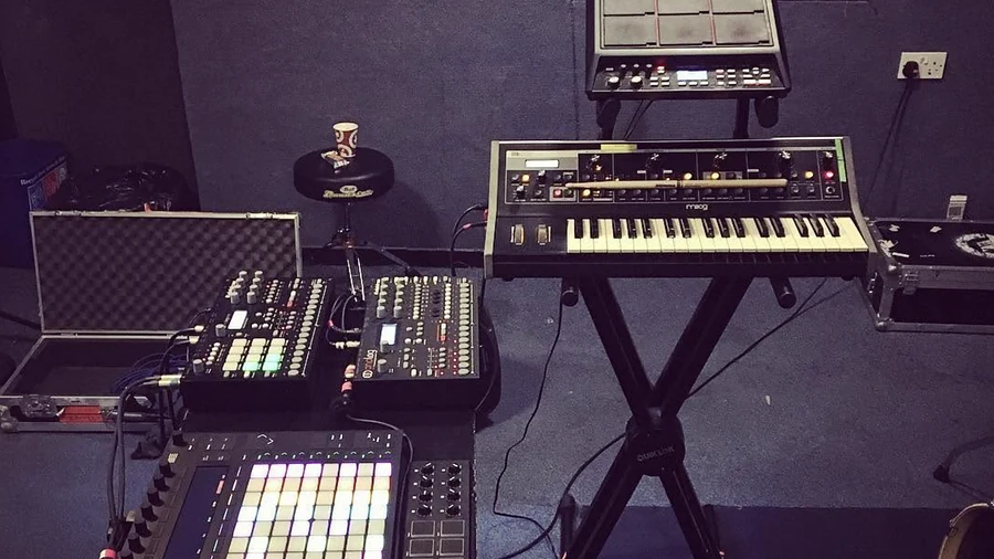 A rig set up and ready to perform live on stage