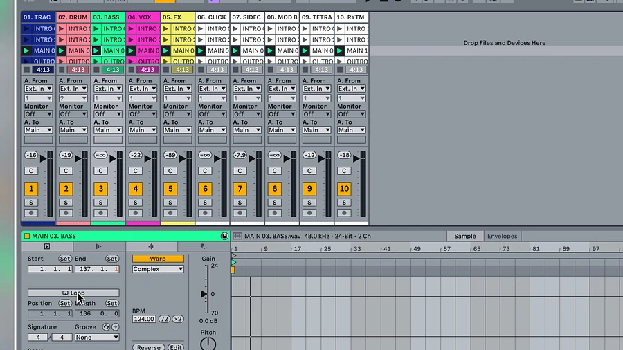 An assembled Ableton live set in Session view with scenes for every song