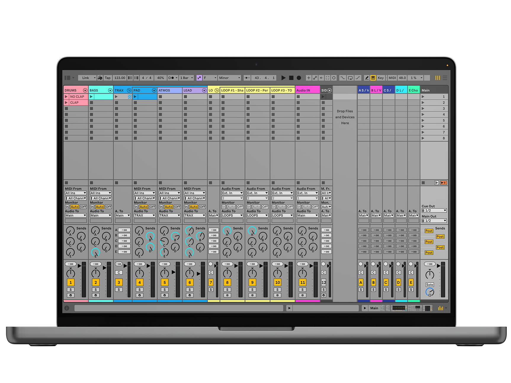The Ableton OS template open in Ableton Live on a laptop
