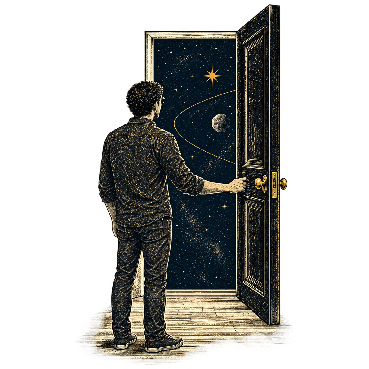 Ilustración de un hombre abriendo una puerta hacia un mundo por descubrir.