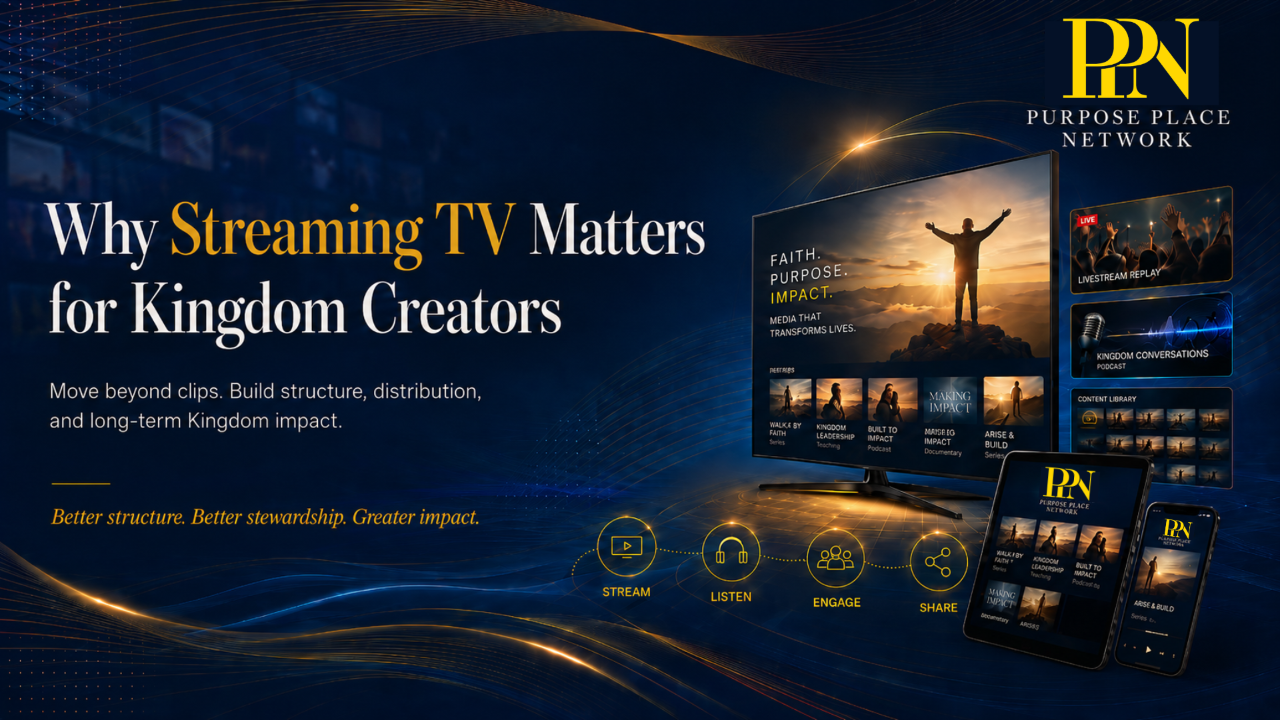 A high-level promotional title card from Purpose Place Network, 'Streaming TV Matters for Kingdom Creators.png', visually argues for long-term Kingdom impact over short clips. It features a television and multiple devices displaying a curated interface of faith-based content like series, teachings, podcasts, and documentaries. Text on the TV screen reads, 'FAITH. PURPOSE. IMPACT. Media that transforms lives,' with a main graphic of a silhouetted figure on a mountain overlooking a city. Key takeaways highlight 'Better structure. Better stewardship. Greater impact.' through actions like STREAM, LISTEN, ENGAGE, and SHARE.