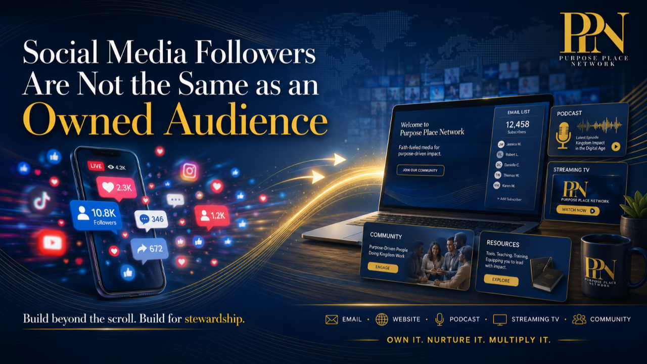 A strategic infographic for ministries and Christian creators, titled 'Owned Audience.png' by Purpose Place Network, demonstrates that social media followers are not the same as an owned audience. The graphic contrasts a smartphone's fleeting social media notifications with a laptop showing a dedicated email list of over 12,000 subscribers, an integrated podcast, streaming TV, and community resources. It visually reinforces the value of moving beyond social media engagement towards building and stewarding a private, direct-connection audience through various owned media platforms, emphasizing the core message: 'Build beyond the scroll. Build for stewardship. Own it. Nurture it. Multiply it.