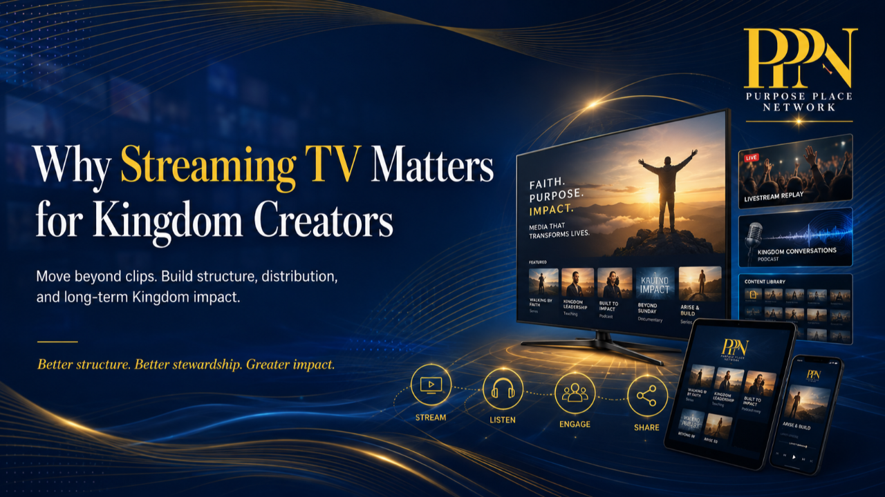A high-level promotional title card from Purpose Place Network, 'Streaming TV Matters for Kingdom Creators.png', visually argues for long-term Kingdom impact over short clips. It features a television and multiple devices displaying a curated interface of faith-based content like series, teachings, podcasts, and documentaries. Text on the TV screen reads, 'FAITH. PURPOSE. IMPACT. Media that transforms lives,' with a main graphic of a silhouetted figure on a mountain overlooking a city. Key takeaways highlight 'Better structure. Better stewardship. Greater impact.' through actions like STREAM, LISTEN, ENGAGE, and SHARE.
