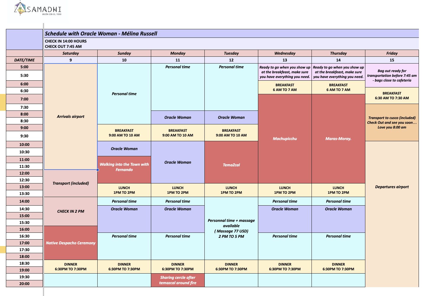 The schedule for the seven days, January 9 to 15, 2027