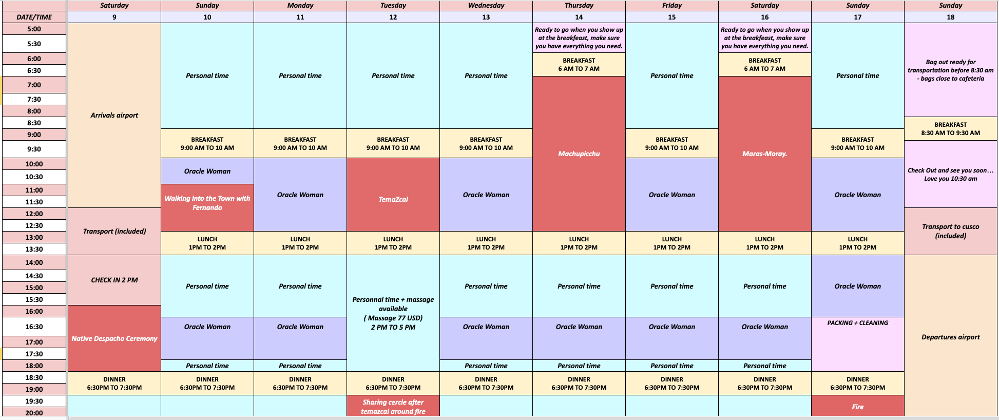 L'horaire des dix jours, 9 au 18 janvier 2027