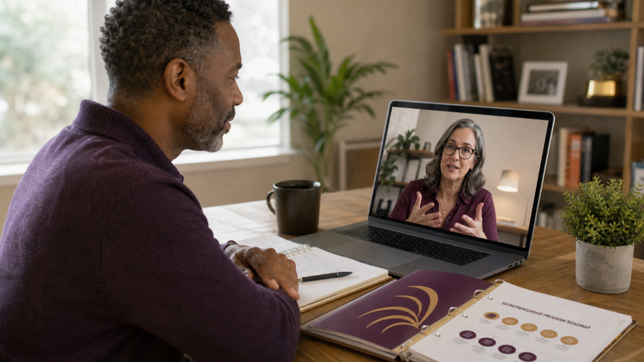 Organizational leader meeting online with a My Venture Coach entrepreneurship educator