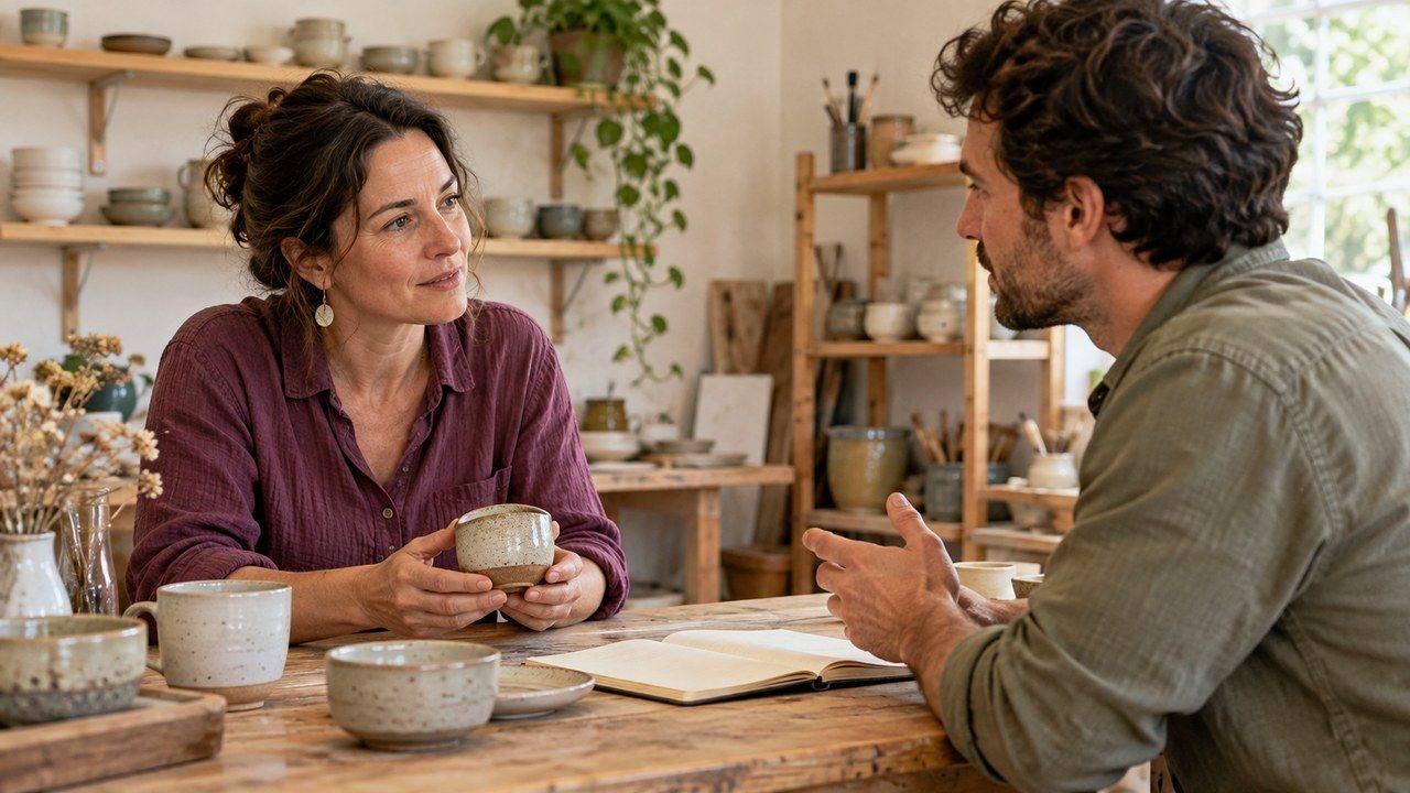 A small-business owner listens to a prospective customer while they discuss a ceramic sample at her studio worktable.