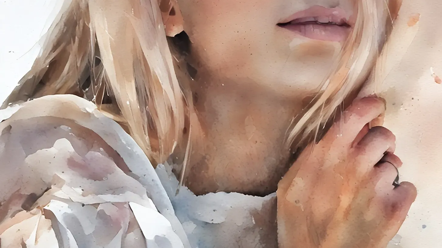 Close-up of a woman's face and hand