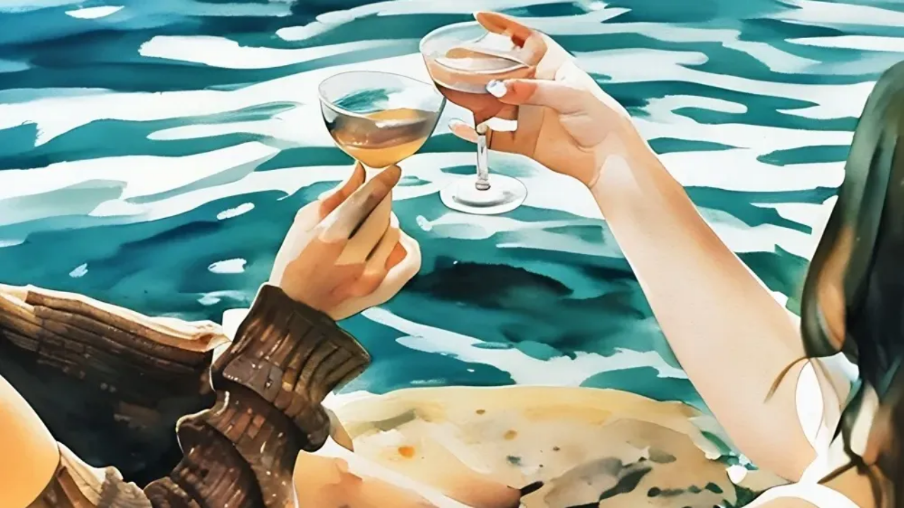 Image of 2 women cheering wine glasses by the waterside