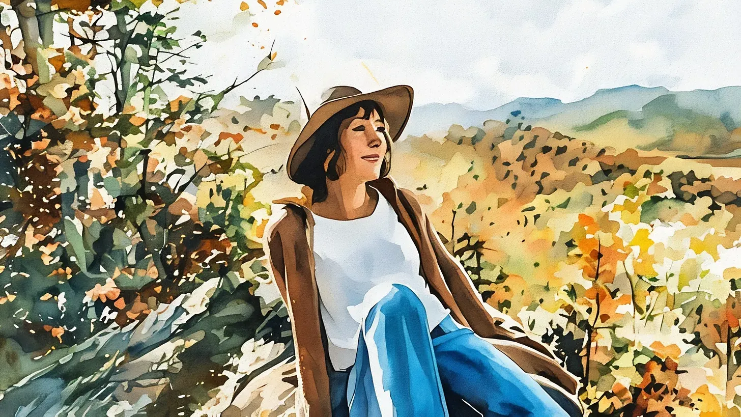 Photo of woman relaxing outside in garden and smiling