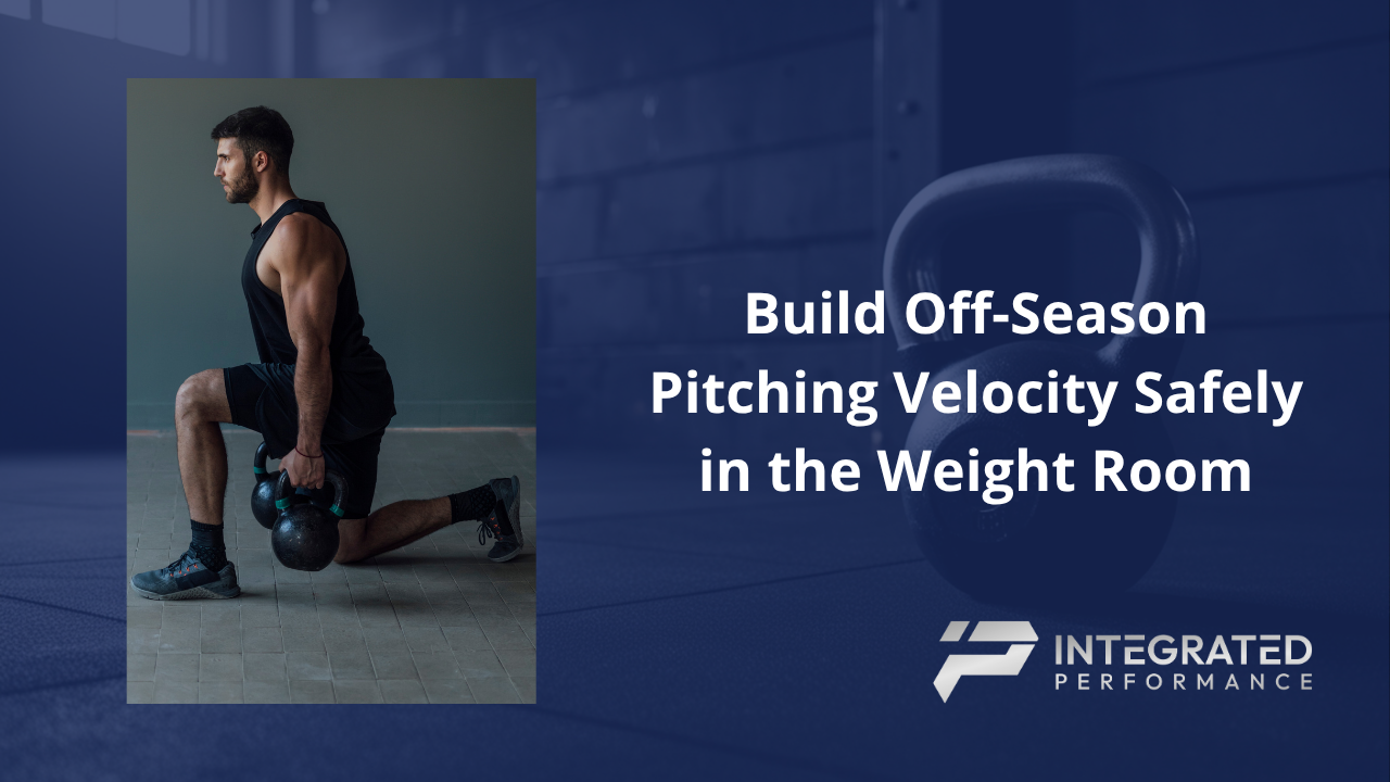  A split graphic showing a high school pitcher executing a single-leg landmine press next to a trap bar deadlift, with velocity and kinetic chain overlays.