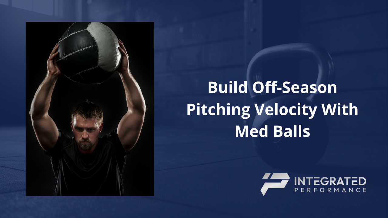 A high school pitcher performing an explosive rotational medicine ball scoop toss into a wall, with biomechanical kinetic chain vectors highlighting energy transfer from the hips to the torso.
