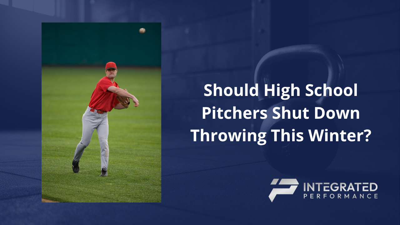 A high school baseball pitcher sitting on a dugout bench in winter gear looking out at a snowy field, with clean overlay text reading "Winter Rest vs. Velocity: The Off-Season Guide."