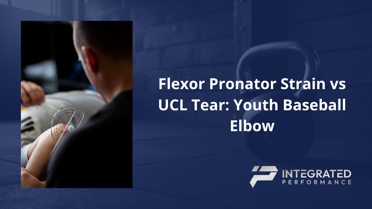 Physical therapist performing valgus stress test on a high school baseball pitcher's inner elbow to evaluate flexor pronator strain vs UCL tear in Westfield Indiana