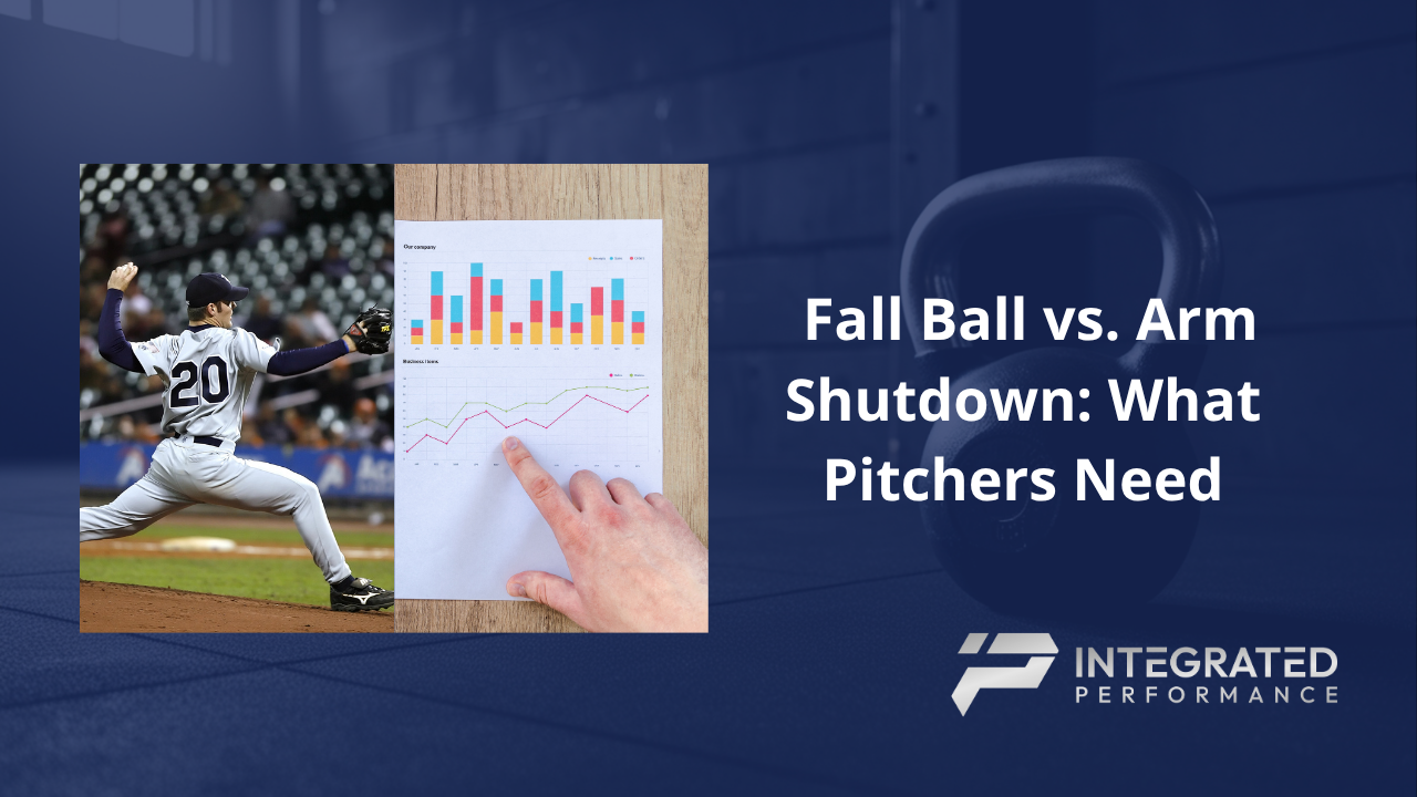A split graphic showing a high school pitcher on the mound next to an off-season strength training setup, overlaid with workload metrics (innings, pitching months).