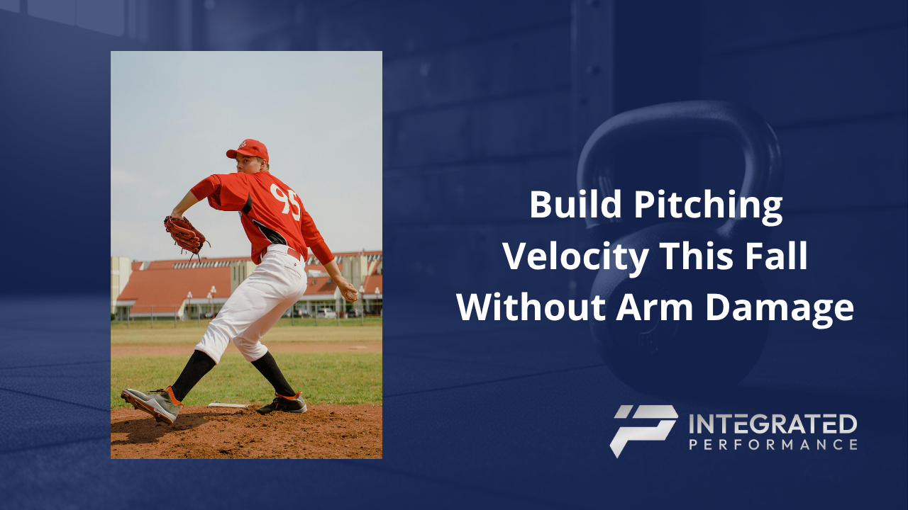 A split graphic showing a high school pitcher throwing with biomechanical stress vectors next to a full-body off-season strength training setup.