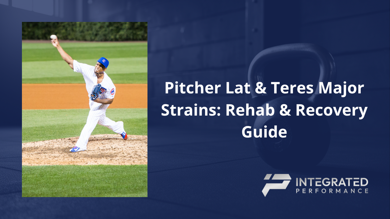 An anatomical overlay showing the latissimus dorsi and teres major on a pitcher during the late cocking and deceleration phases, with clear kinetic chain highlights.