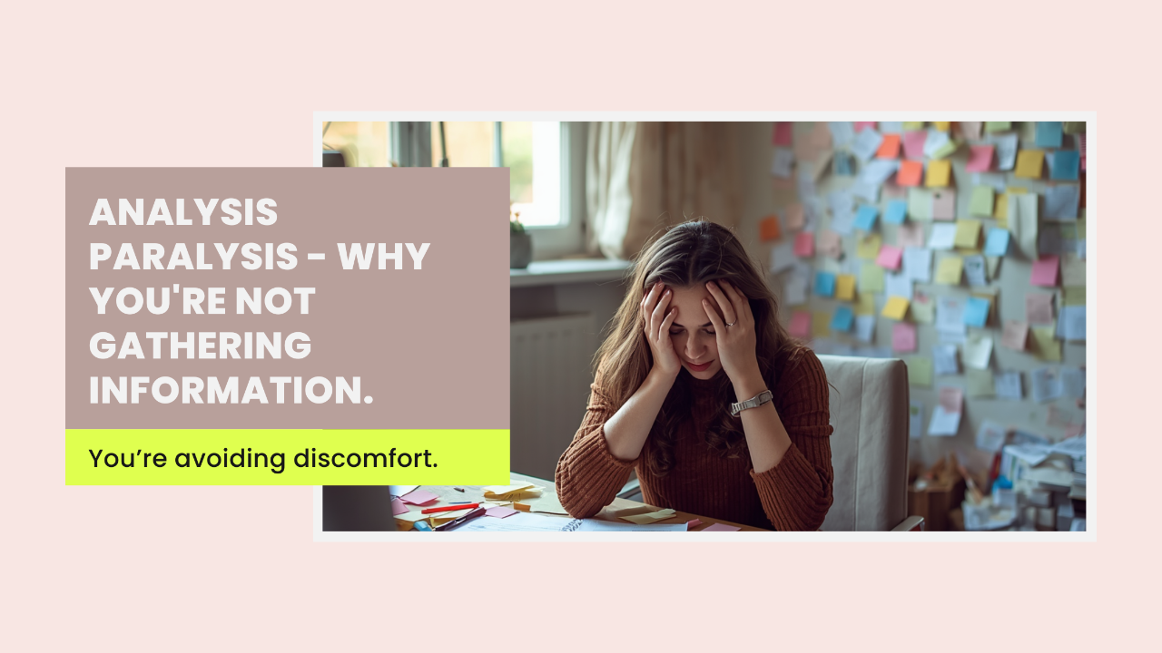 Woman surrounded by research notes and sticky notes — analysis paralysis when information becomes avoidance