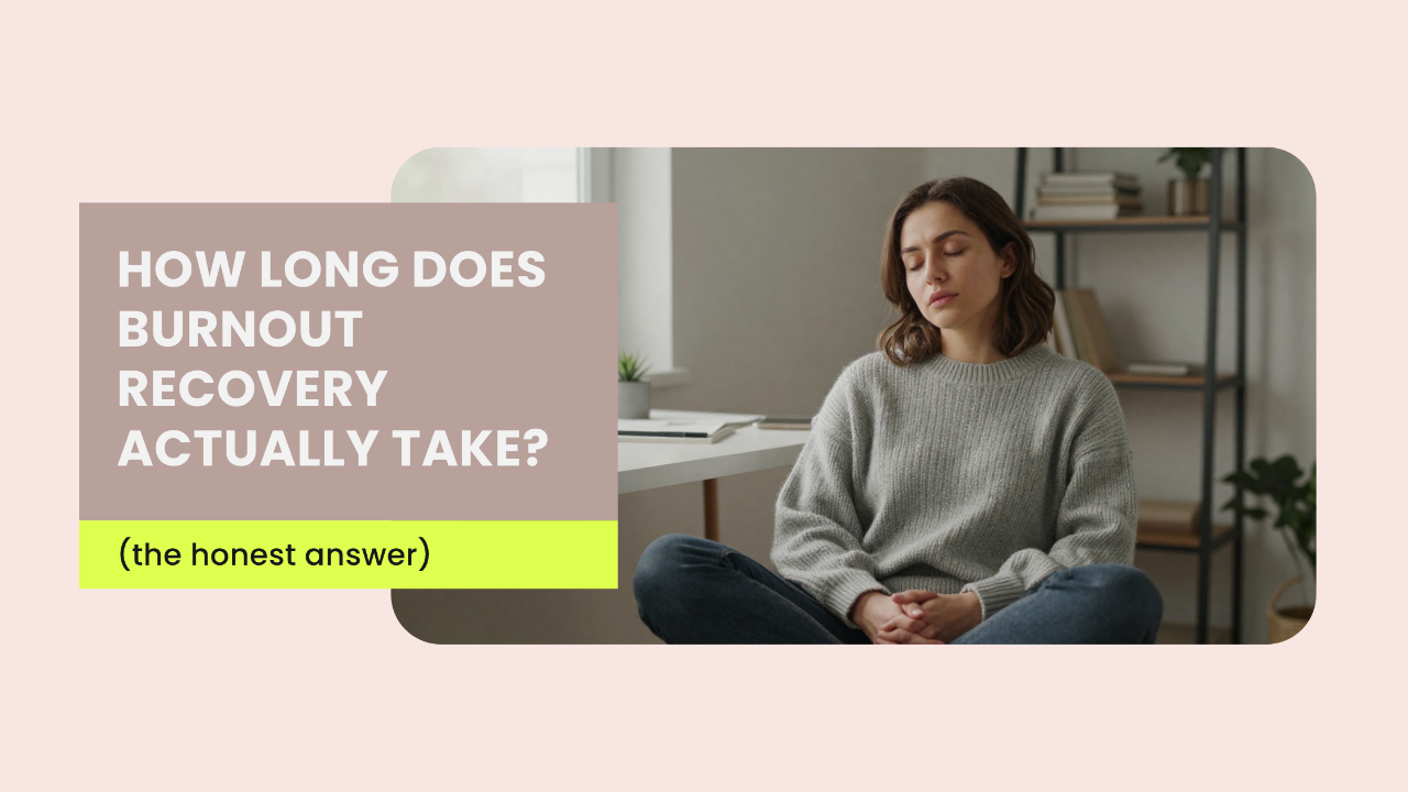 Female founder sitting quietly, looking exhausted but present — burnout recovery nervous system