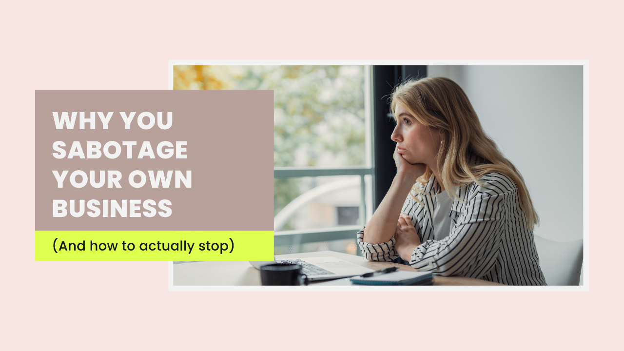 Female founder looking at her phone after a win, then going quiet — self-sabotage and the nervous system capacity ceiling