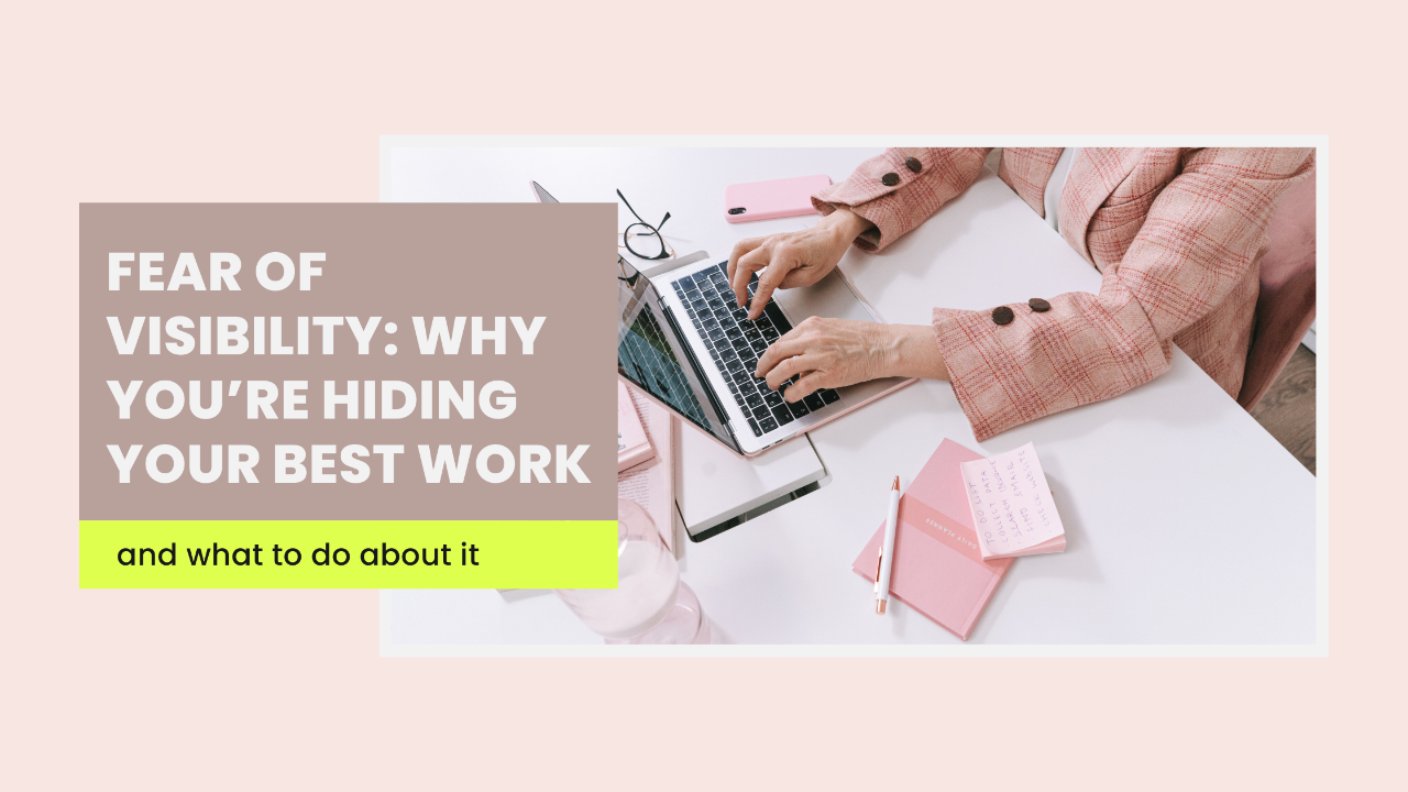 Female founder at desk with content draft open, finger near delete — fear of visibility online