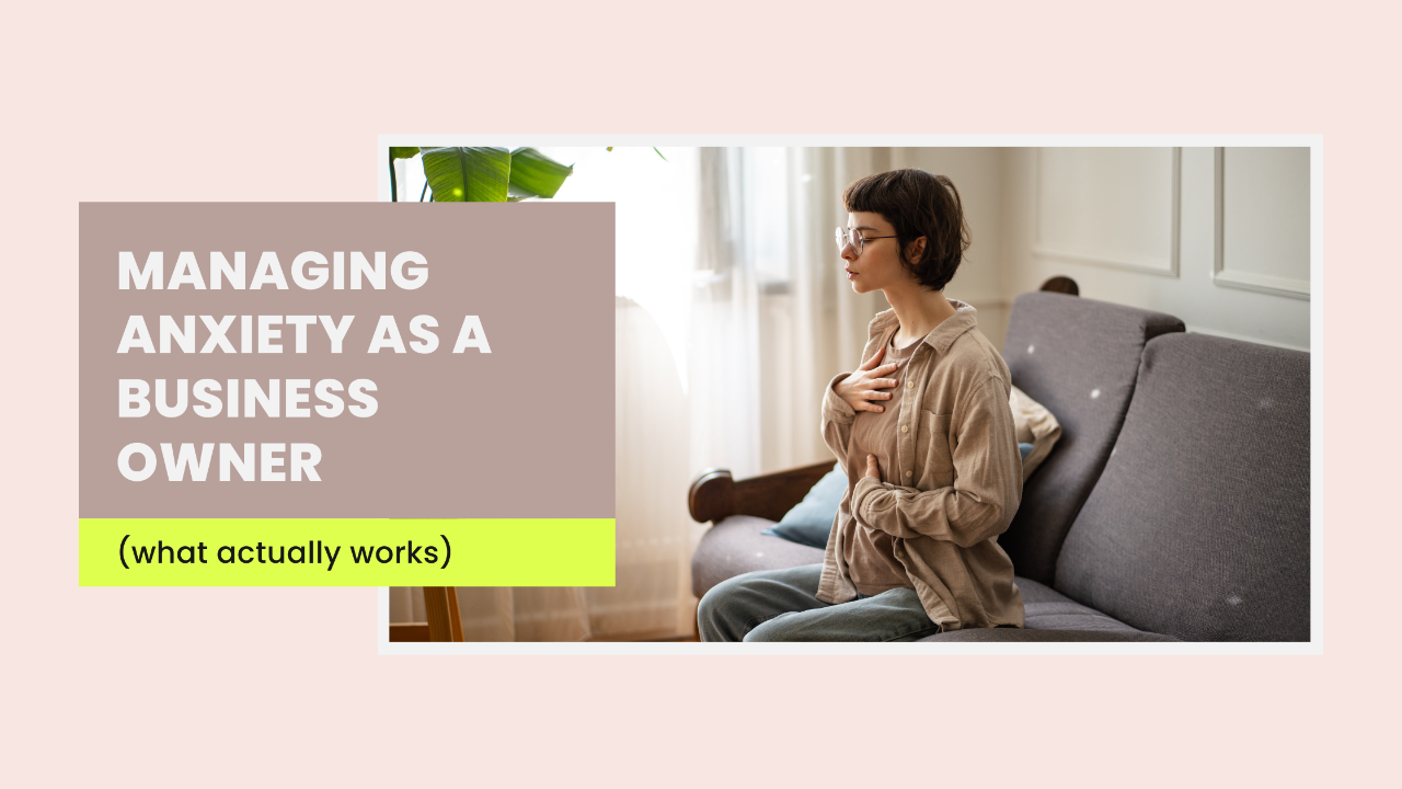 Female founder hand on chest at laptop, managing anxiety — nervous system regulation for business owners