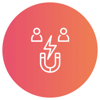 A white graphic of a magnet attracting two people, inside an orange circle. Representing marketing lead magnets.
