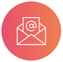 A white graphic of an email sequence. Inside an orange circle.