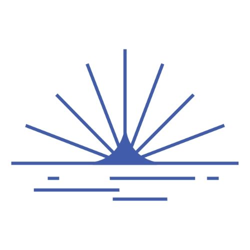 A stylised graphic of a sun setting over water.