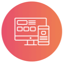 A white graphic of a computer monitor with a mobile phone next to it. Inside an orange circle. Representing lead magnets and sales pages.