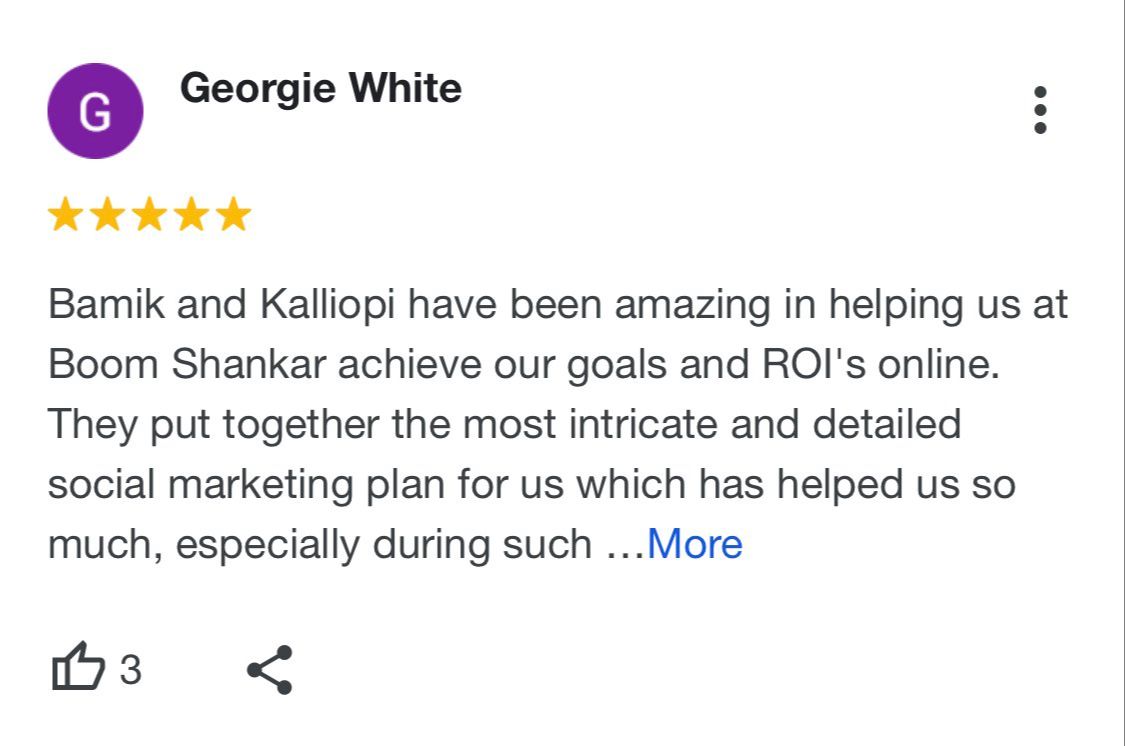 Optimised Digital review. Bamik and Kalliopi have been amazing in helping us at Boom Shankar achieve our goals and ROI's online.