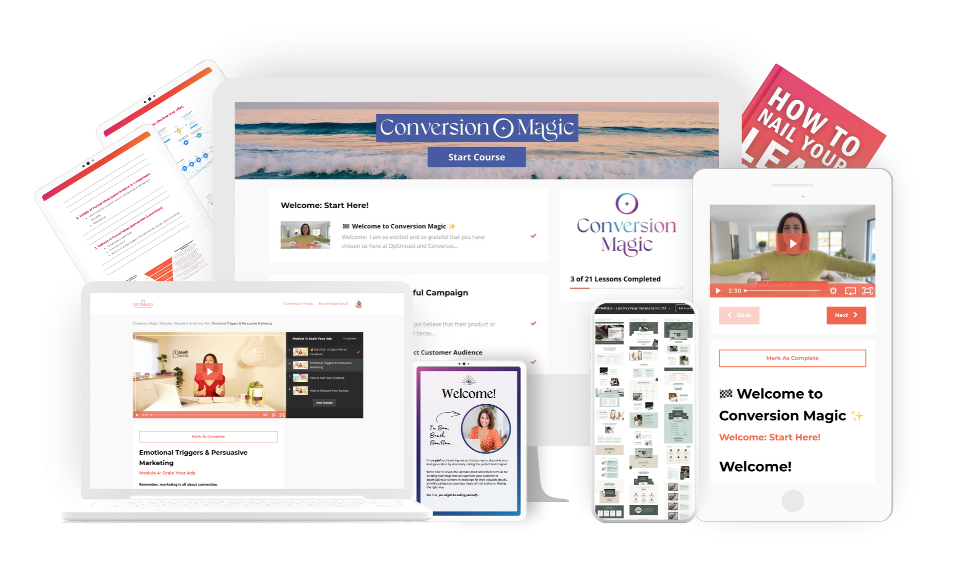 A number of resources showing the Conversion Magic Optimised Digital online marketing course. Laptop, computer, mobile, video training, downloading resources, landing page templates. 