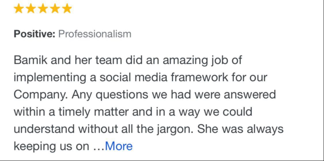 Optimised Digital review. Bamik and her team did an amazing job of implementing a social media framework for our Company. 