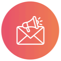 A white graphic of a letter with a loudspeaker coming out of it, inside an orange circle. Representing sales email templates and email sequences.