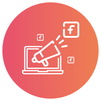 A white graphic of a laptop with a loudspeaker coming out of it, into the Facebook logo. Inside an orange circle. Representing Facebook ads.