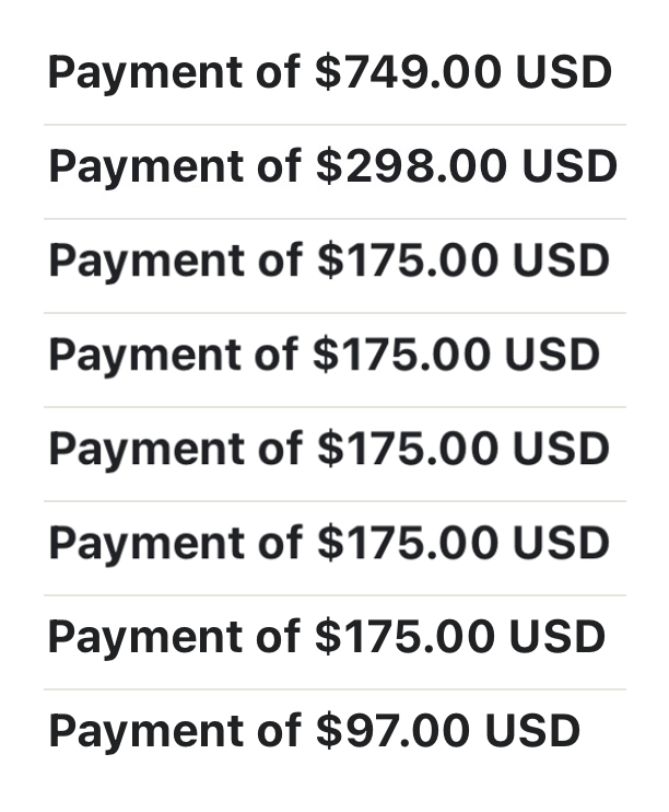 Payment notifications: $749, $298, five payments of $175, and $97