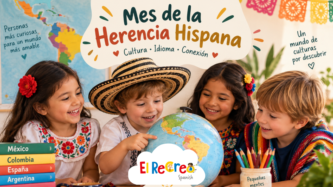 Niños celebrando el Mes de la Herencia Hispana mientras aprenden español y descubren las culturas de los países hispanohablantes