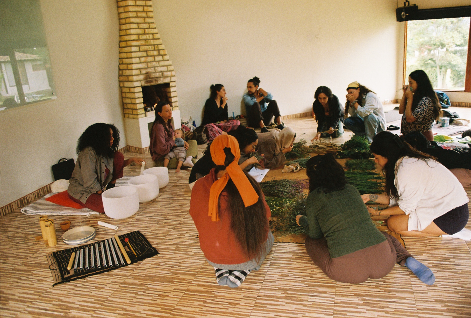 The room with singing bowls and herbs laid out