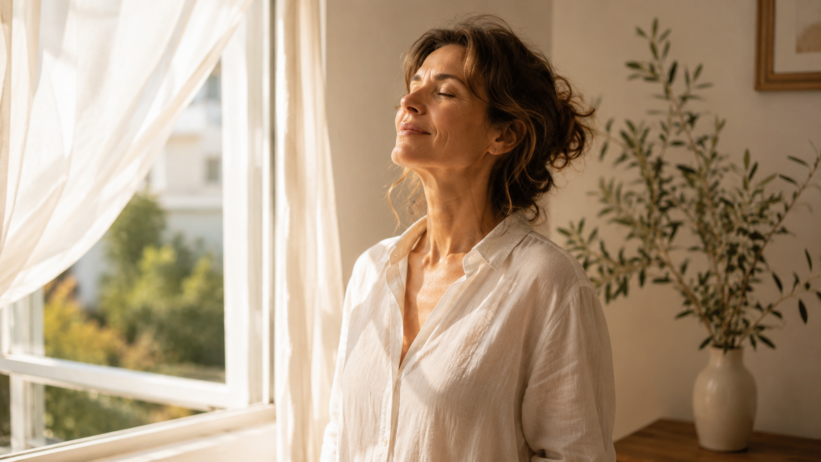Respiro e regolazione Donna che respira profondamente accanto a una finestra aperta nella luce calma del mattino