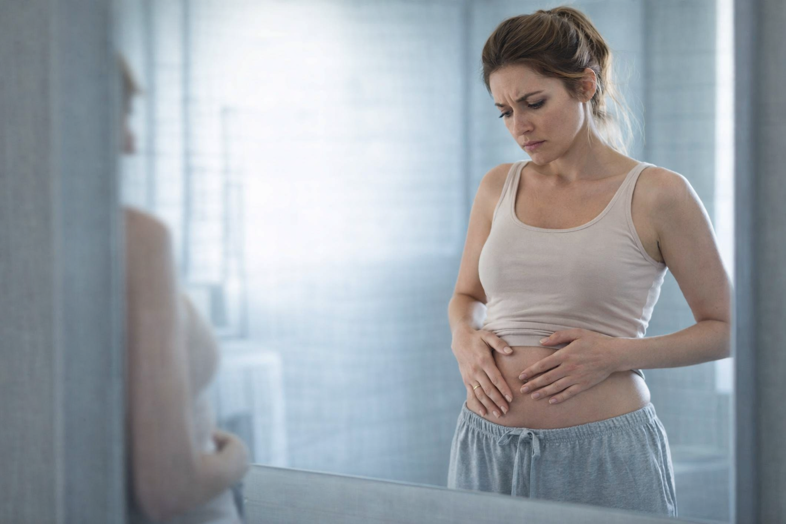 pancia gonfia al mattino donna allo specchio cause gonfiore addominale intestinale