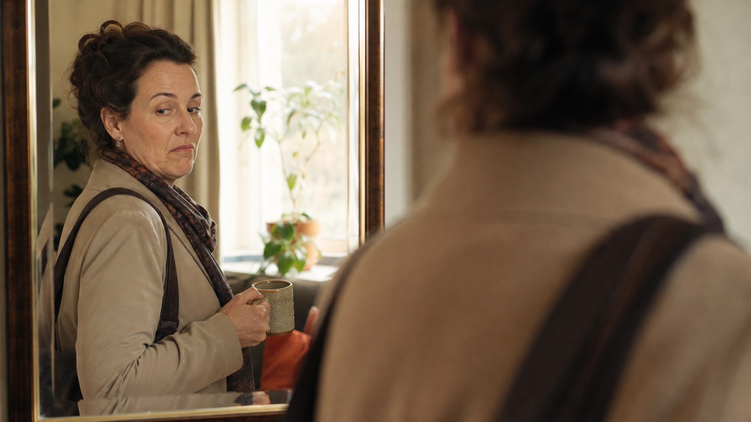 Donna di mezza età vestita per uscire che passa davanti allo specchio con la tazza del caffè in mano e si guarda con espressione poco convinta