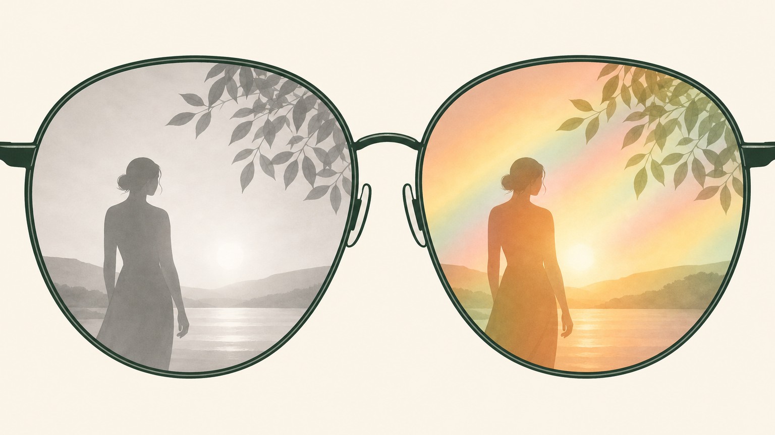 Gli occhiali con cui ti guardi Illustrazione: due lenti affiancate mostrano lo stesso paesaggio con una donna di spalle, a sinistra grigio e spento, a destra caldo e attraversato da un arcobaleno
