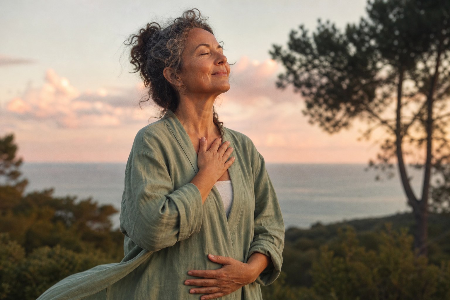 Dare spazio: il respiro che non deve produrre niente Donna sui cinquant’anni all’aperto al tramonto, occhi chiusi e viso rivolto verso l’alto, una mano sul petto e una sull’addome mentre respira