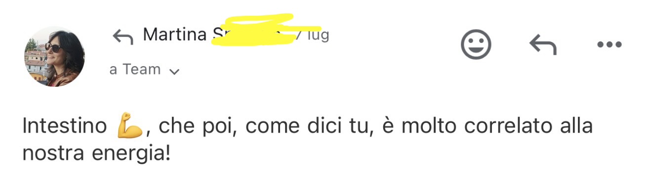 Messaggio di un'allieva: «Intestino, che poi, come dici tu, è molto correlato alla nostra energia»