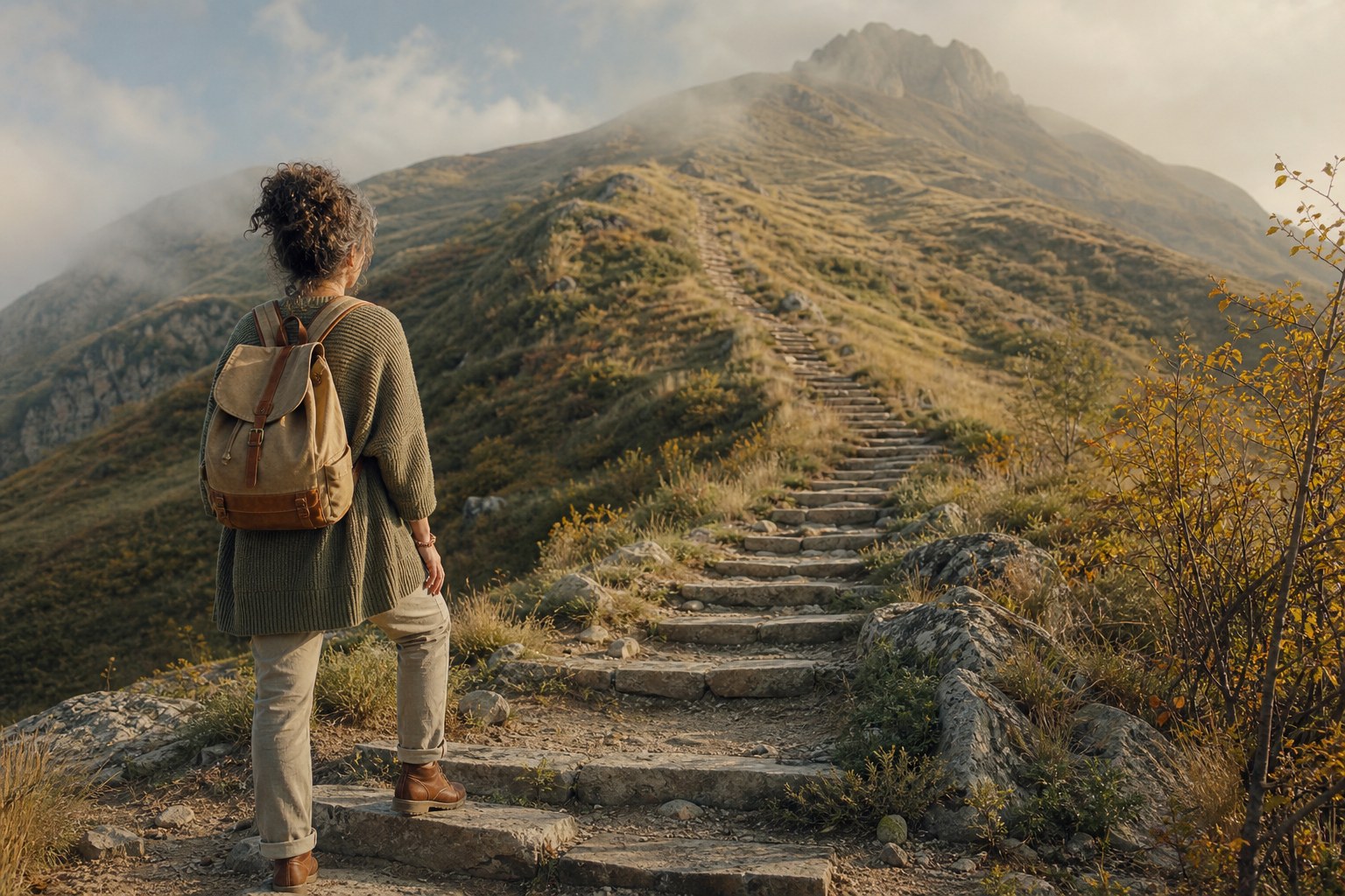 Donna vista di spalle con zaino e cardigan verde salvia ai piedi di un lungo sentiero di gradini di pietra che sale verso la cima di una montagna in autunno, mentre appoggia il piede sul primo gradino