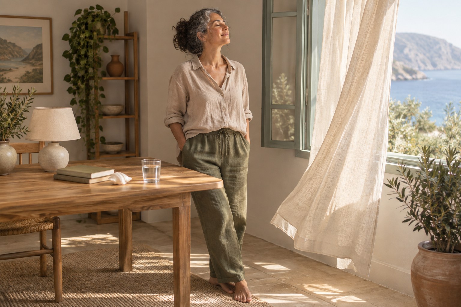 La pausa delle tre: cinque minuti su un’isola deserta Donna sui cinquant’anni in piedi accanto a una finestra aperta, a occhi chiusi con il viso verso la luce e la brezza, in una pausa del primo pomeriggio senza telefono