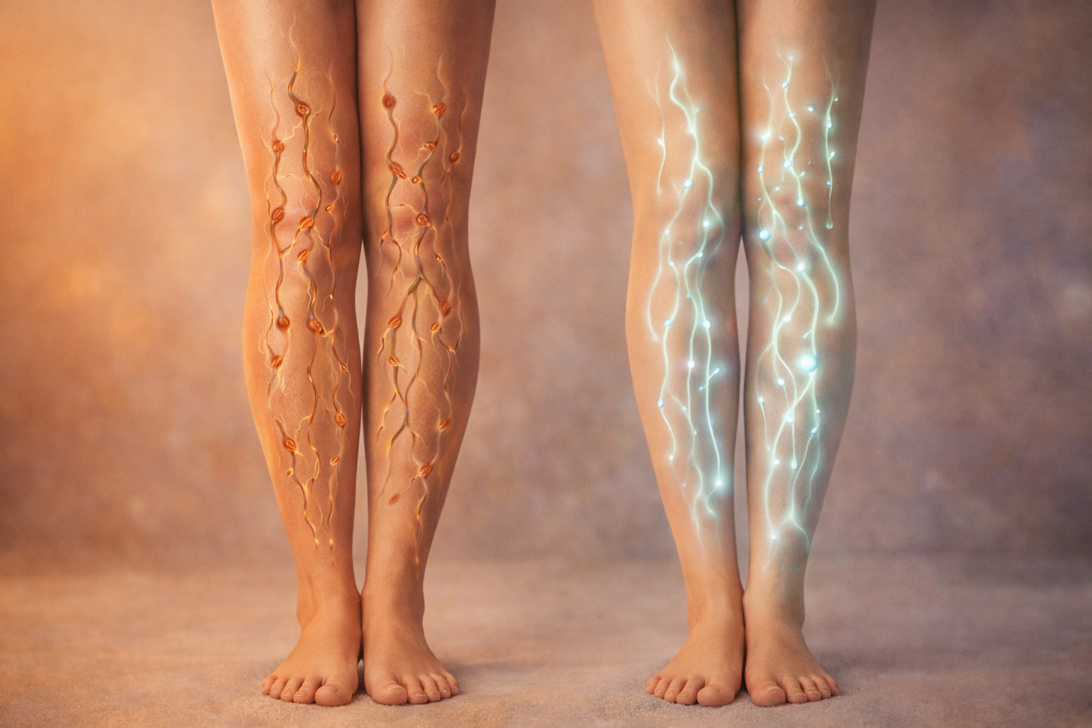 illustrazione delle gambe con sistema linfatico che mostra differenza tra flusso bloccato e flusso libero